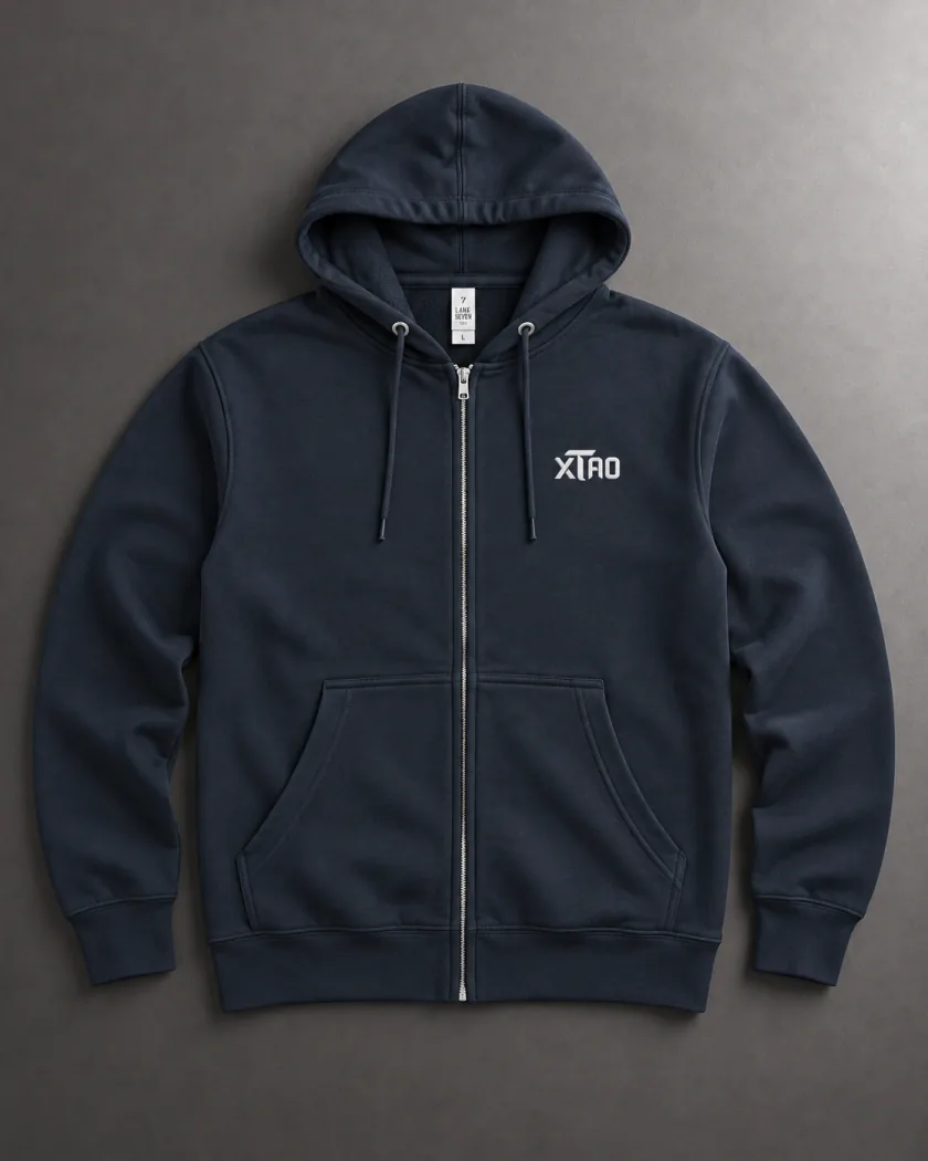 Navy Zip Hoodie, front view
